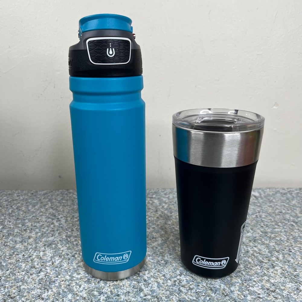 Coleman Water Bottle & Tumbler Lot Blue Autoseal Black Brew Stainless Steel 2pc